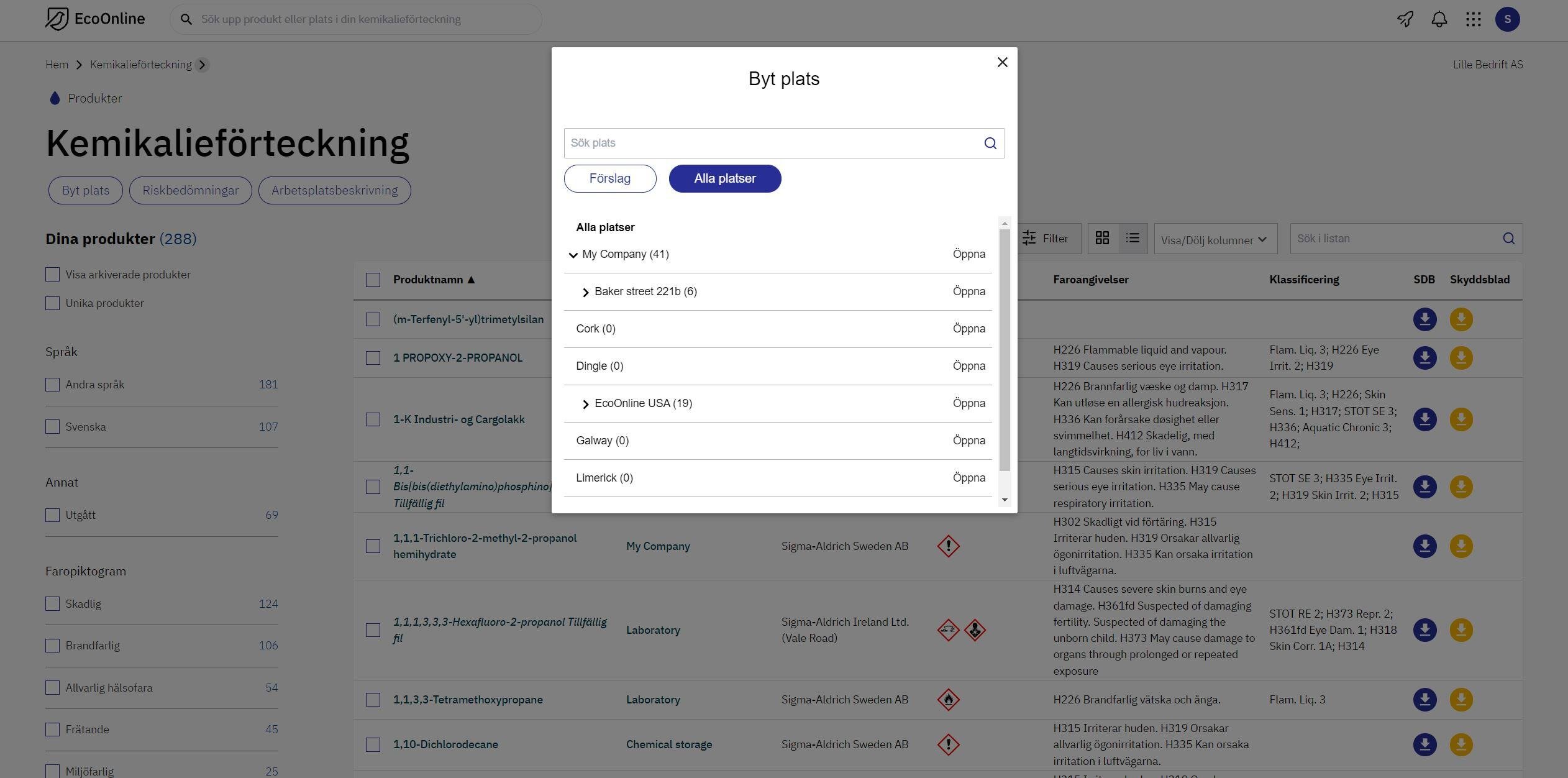 Säkerhetsdatablad databas - administrera platser och användare